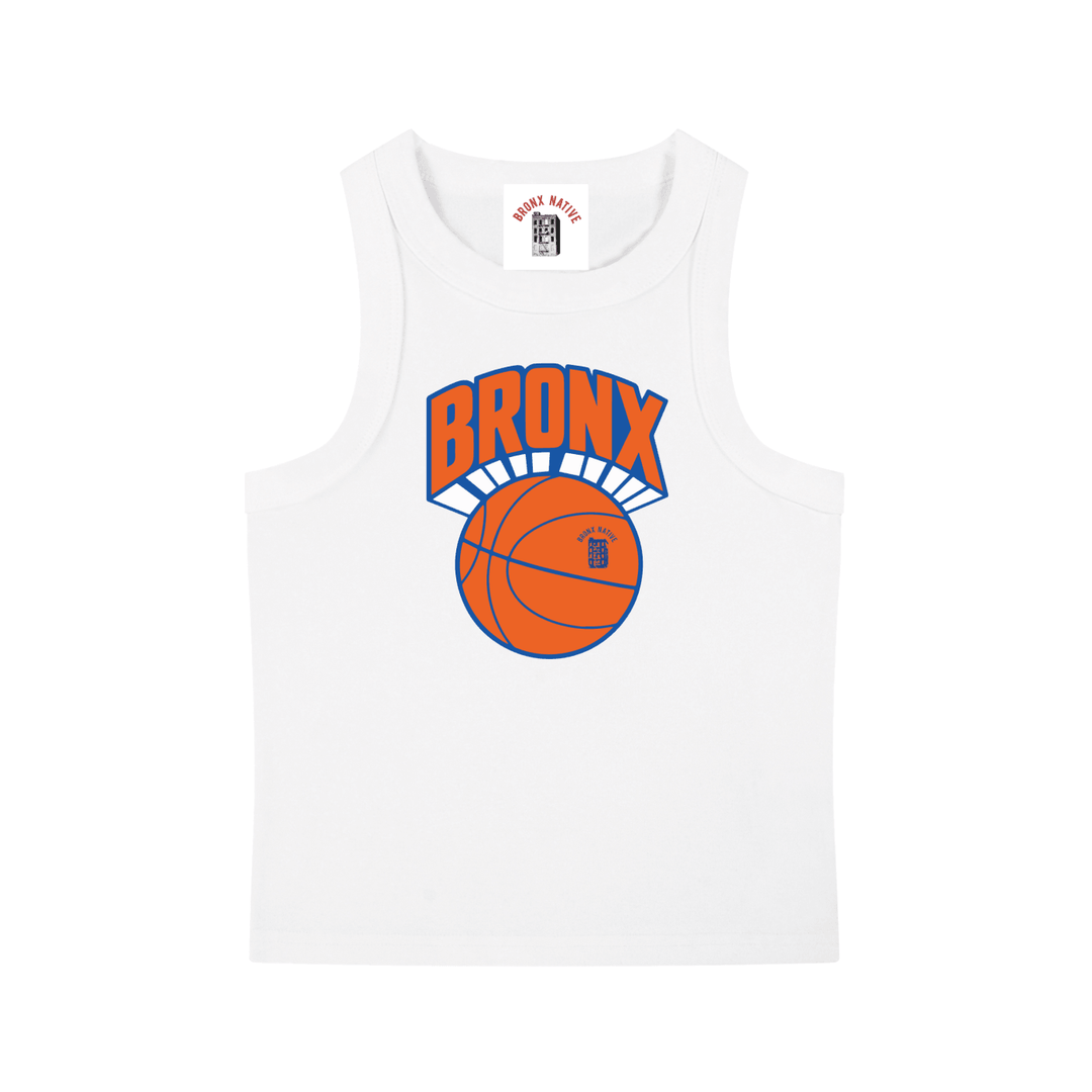 White tank top with bold 'BRONX' graphic and orange basketball design, inspired by NYC streetwear culture