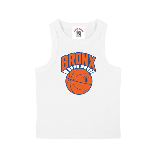 White tank top with bold 'BRONX' graphic and orange basketball design, inspired by NYC streetwear culture