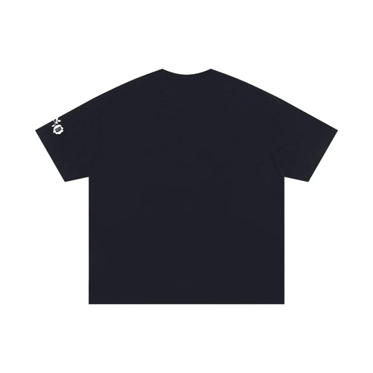 Black streetwear tee with small white floral graphic on sleeve, inspired by NYC urban style
