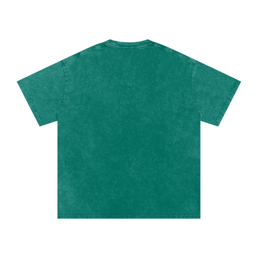 Teal vintage wash t-shirt with relaxed fit, ideal for streetwear style and casual NYC-inspired looks.