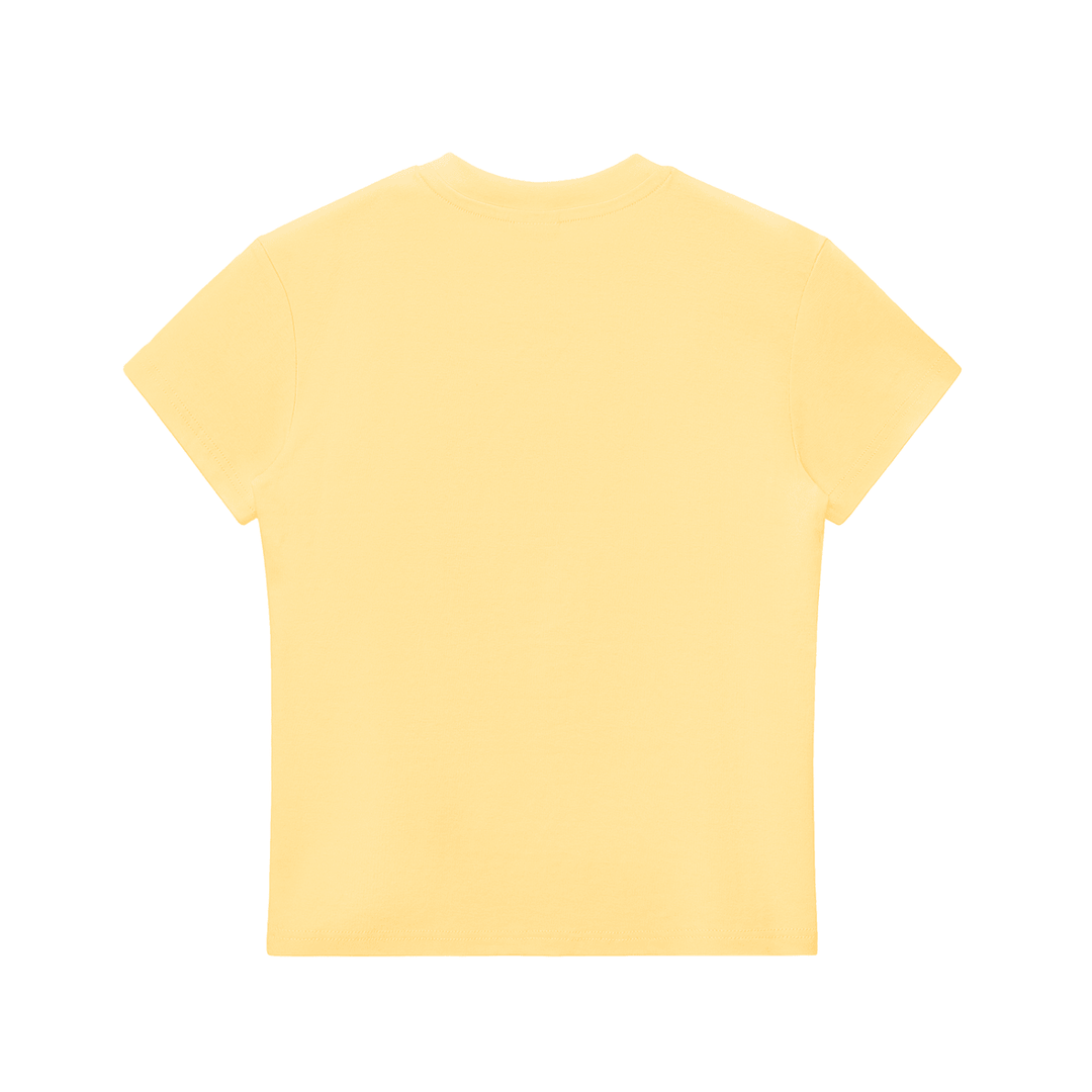 Pale yellow short-sleeve tee, minimalist streetwear design for casual NYC-inspired style