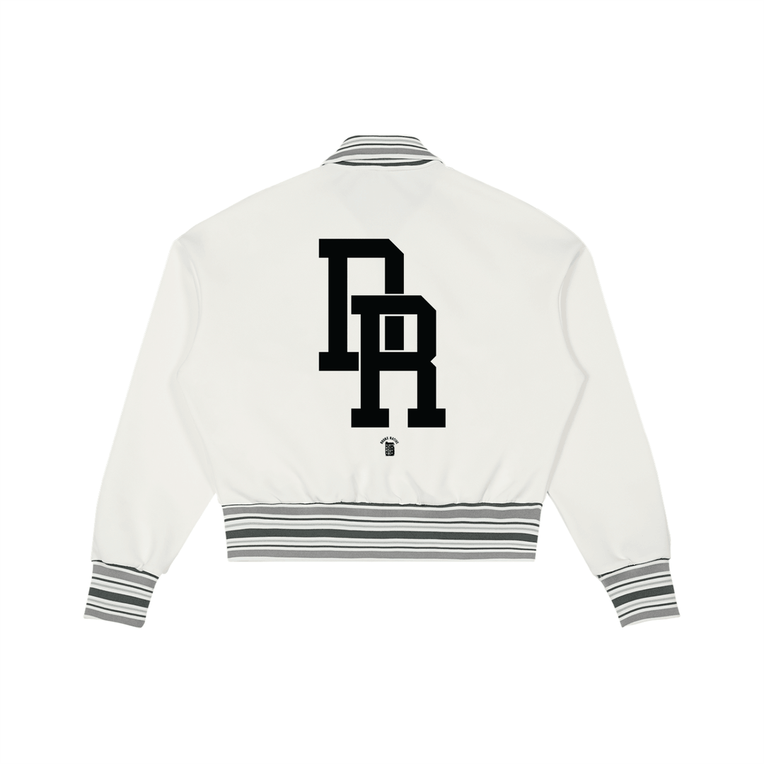 White varsity jacket with bold black BR logo, striped cuffs and hem, NYC streetwear style