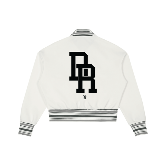White varsity jacket with bold black BR logo, striped cuffs and hem, NYC streetwear style