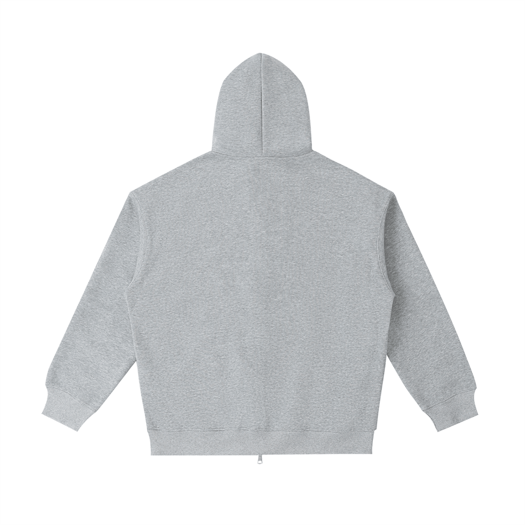 Gray zip-up hoodie back view, NYC streetwear style, casual urban apparel