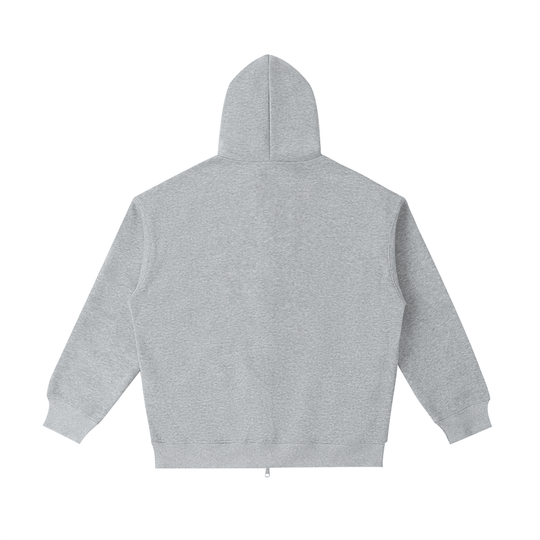 Gray zip-up hoodie back view, NYC streetwear style, casual urban apparel