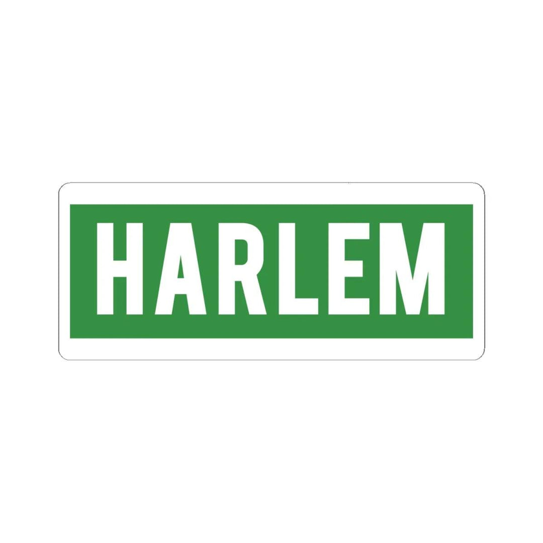 Green Harlem street sign sticker with bold white text, NYC neighborhood decor