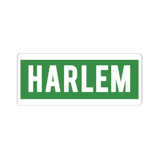 Green Harlem street sign sticker with bold white text, NYC neighborhood decor