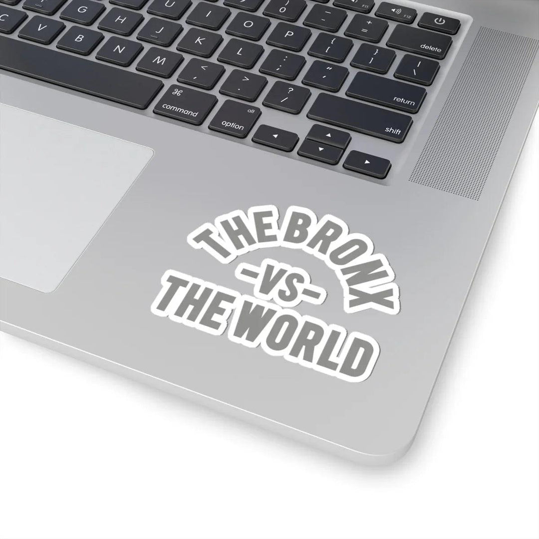 The Bronx vs The World sticker on laptop, bold streetwear design inspired by NYC culture