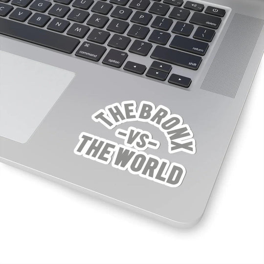 The Bronx vs The World sticker on laptop, bold streetwear design inspired by NYC culture