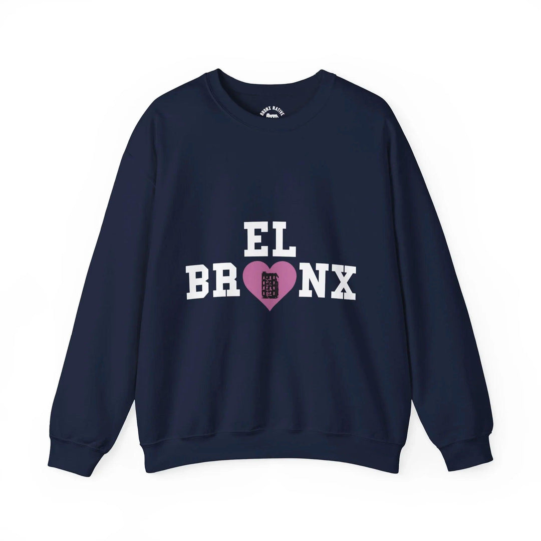Navy Bronx sweatshirt with 'EL BRONX' graphic, pink heart, and building design — NYC streetwear style