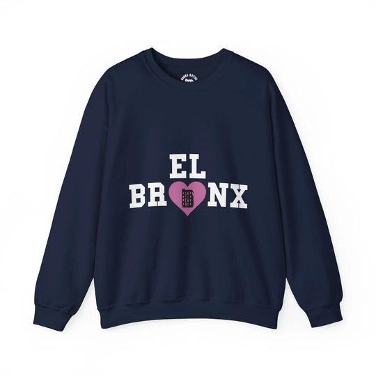 Navy Bronx sweatshirt with 'EL BRONX' graphic, pink heart, and building design — NYC streetwear style