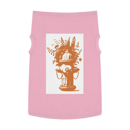 Pink dog tank with NYC fire hydrant & plant graphic, urban streetwear style