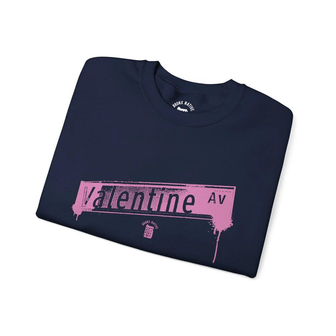 Navy t-shirt with pink 'Valentine Av' street sign graphic, NYC-inspired streetwear design