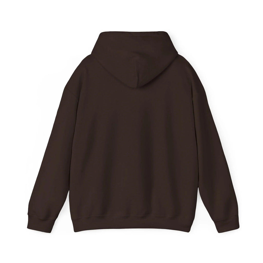 Dark brown hooded sweatshirt back view, urban streetwear style for NYC-inspired fashion