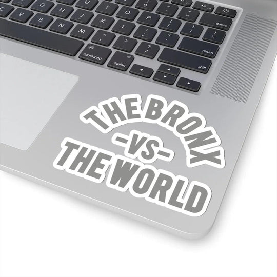 The Bronx vs The World sticker on laptop, bold streetwear design inspired by NYC culture