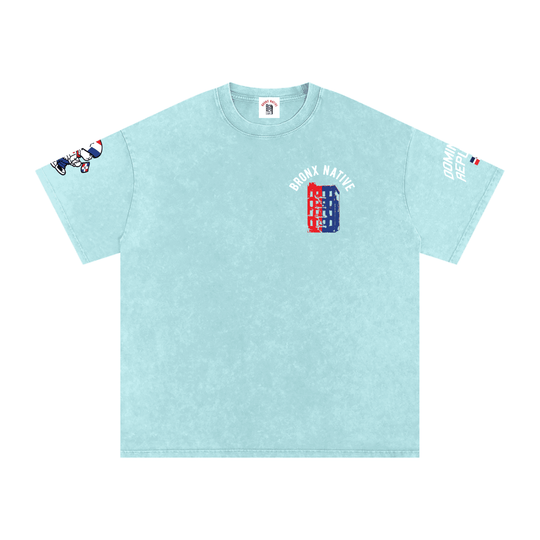 Light blue Bronx Native streetwear tee with red and blue building graphic, sleeve prints, and bold urban design.