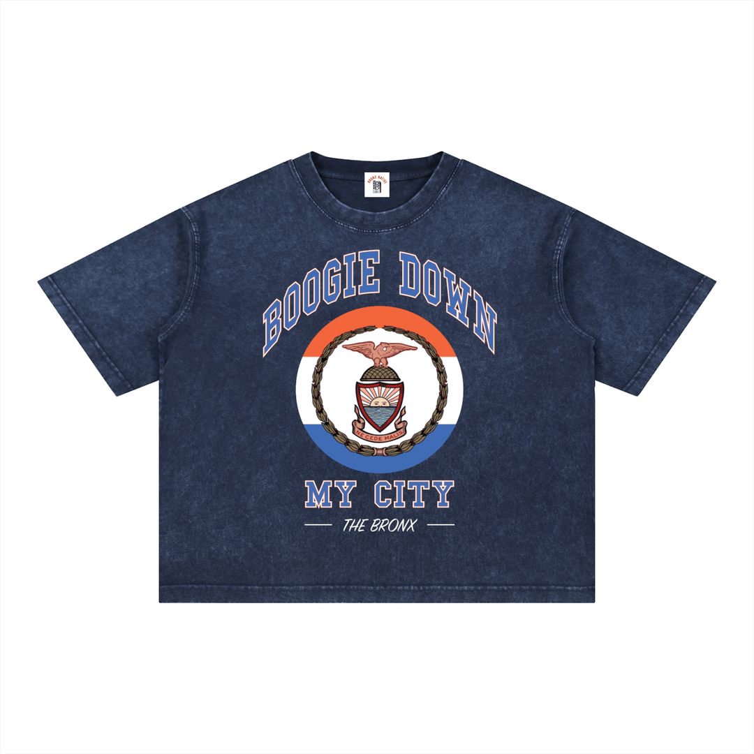Boogie Down My City Mineral Wash Boxy Cotton T-Shirt by Bronx Native for New York summer