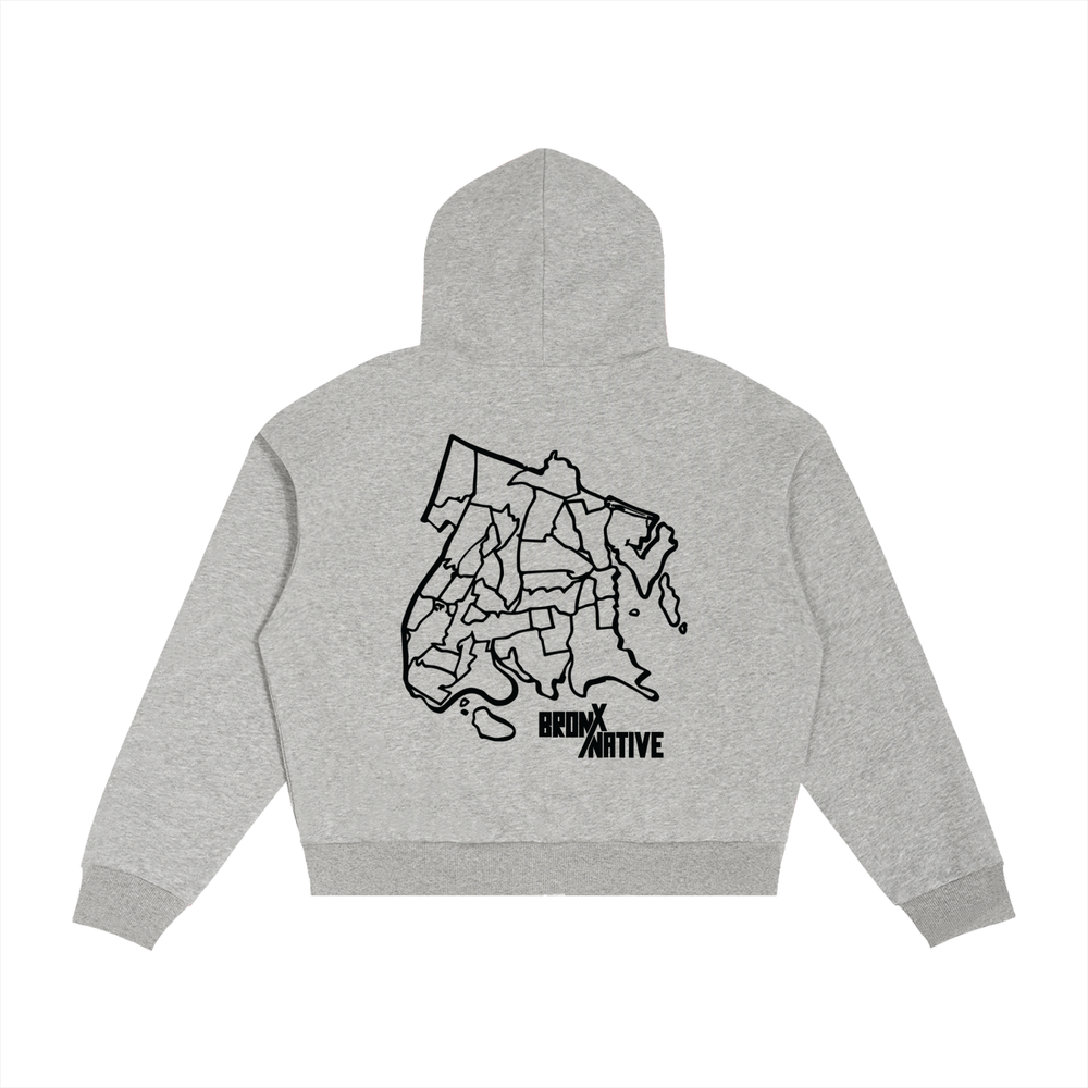 Gray hoodie with a black map design and 'Brooklyn Native' text on the back, on a white background.