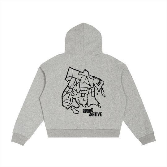 Gray hoodie with a black map design and 'Brooklyn Native' text on the back, on a white background.