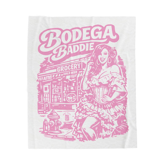 Bodega Baddie Velveteen Plush Blanket — Pink Retro Diner/Grocery Graphic Throw