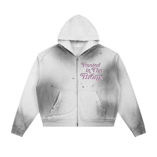Rooted in The Bronx Sun Fade Frayed Raw Edge Fleece Zip Hoodie