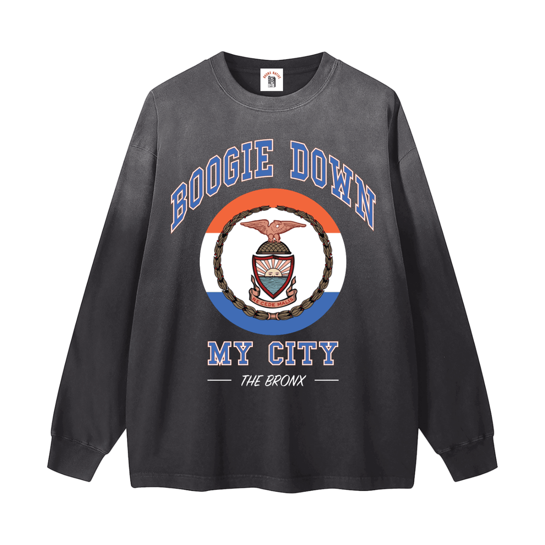 Boogie Down My City Gradient Washed Long Sleeve T-Shirt by Bronx Native for New York summer