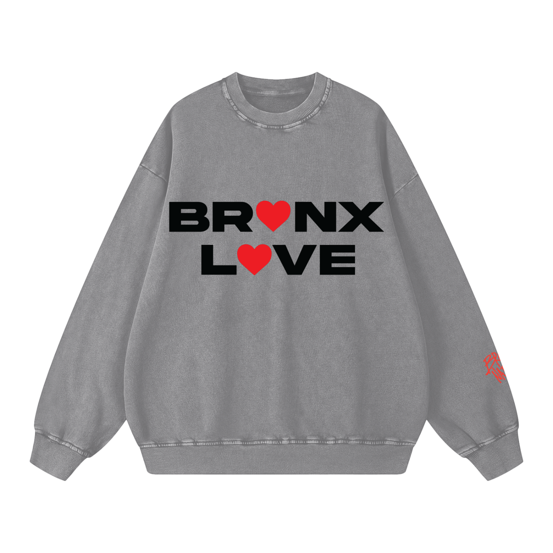 Gray sweatshirt with 'BRONX LOVE' text and red hearts on a white background