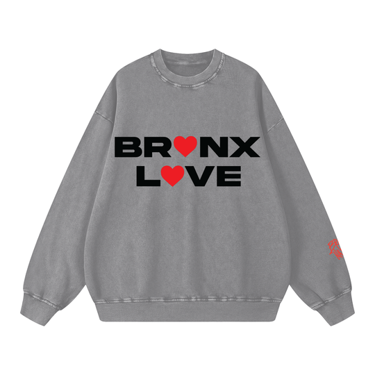 Gray sweatshirt with 'BRONX LOVE' text and red hearts on a white background