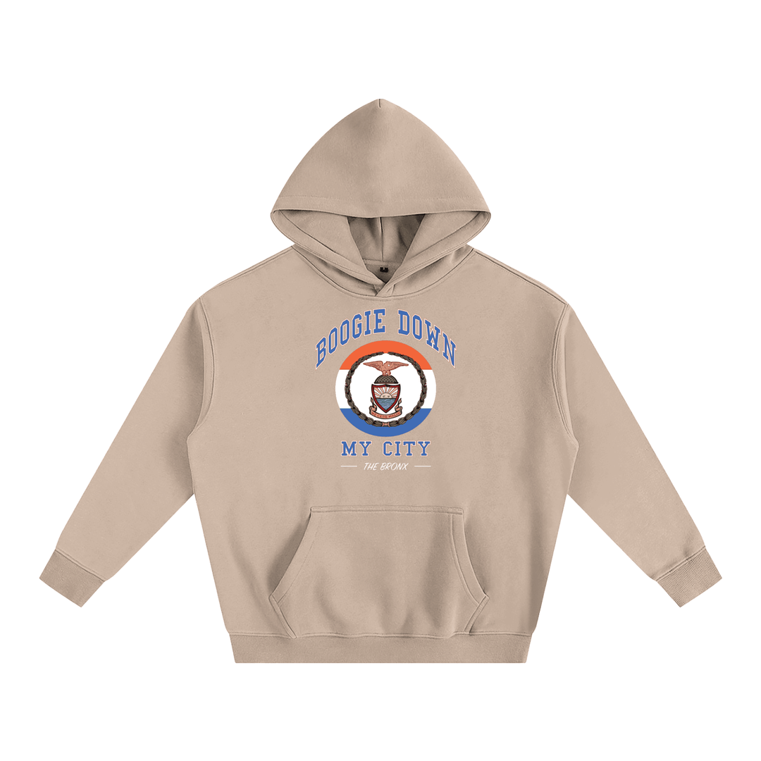 Boogie Down My City Classic Oversize Fleeced Hoodie by Bronx Native for New York summer