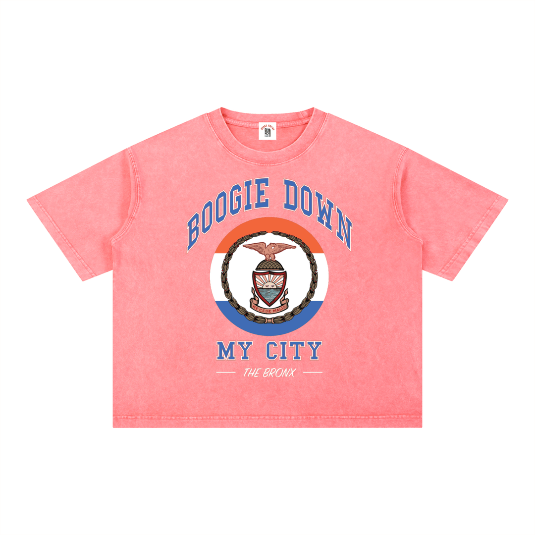 Boogie Down My City Mineral Wash Boxy Cotton T-Shirt by Bronx Native for New York summer