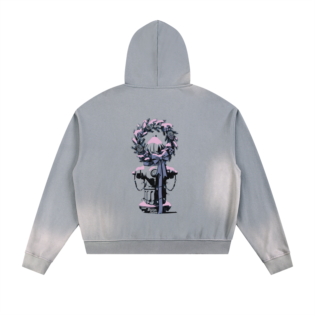 Rooted in The Bronx Sun Fade Frayed Raw Edge Fleece Zip Hoodie