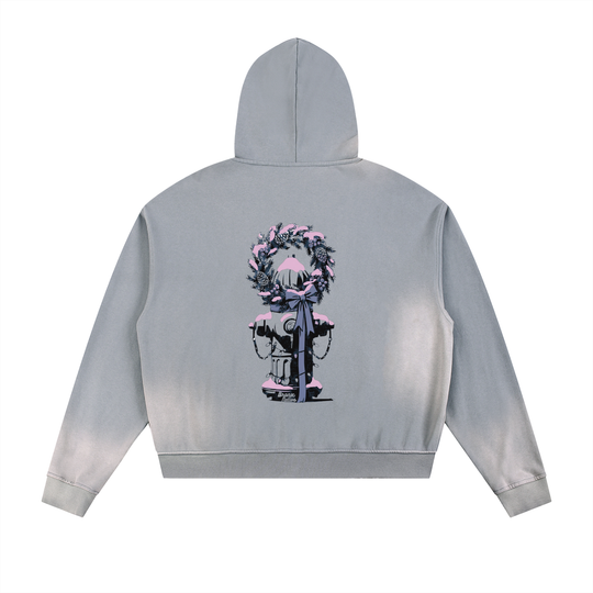 Rooted in The Bronx Sun Fade Frayed Raw Edge Fleece Zip Hoodie