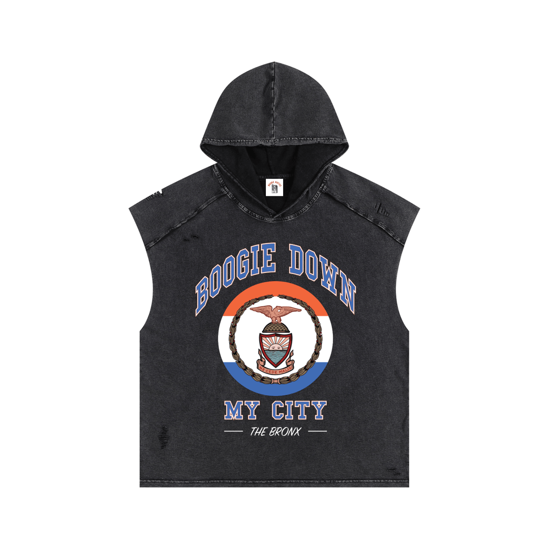 Boogie Down My City Snow Washed Boxy Hooded Tank Top by Bronx Native for New York summer