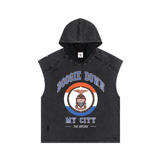 Boogie Down My City Snow Washed Boxy Hooded Tank Top by Bronx Native, Summer 2026 tank tops with BX pride and New York streetwear energy