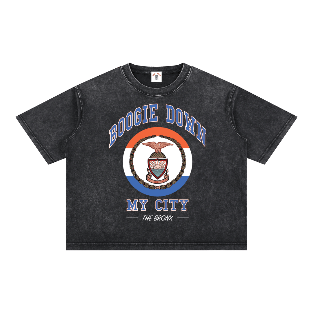 Boogie Down My City Mineral Wash Boxy Cotton T-Shirt by Bronx Native for New York summer