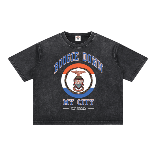 Boogie Down My City Mineral Wash Boxy Cotton T-Shirt by Bronx Native for New York summer