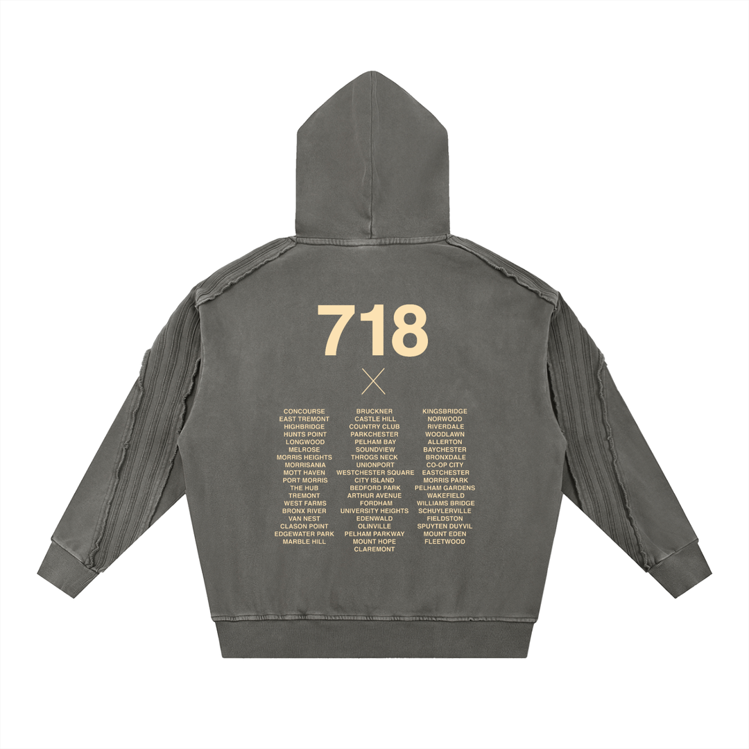 Bronx Native 718 Snow Washed Tape Raw Edge Hoodie