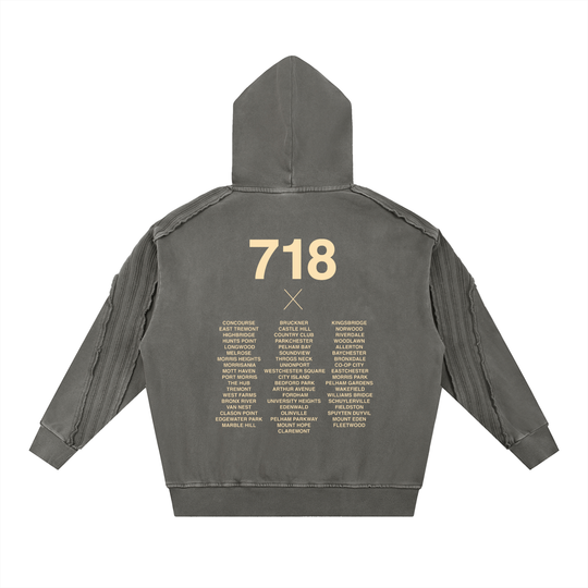 Bronx Native 718 Snow Washed Tape Raw Edge Hoodie