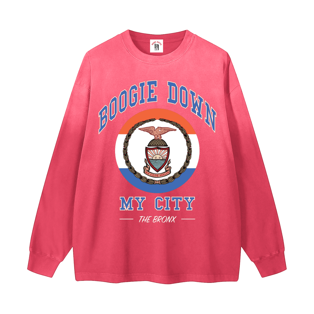 Boogie Down My City Gradient Washed Long Sleeve T-Shirt by Bronx Native for New York summer