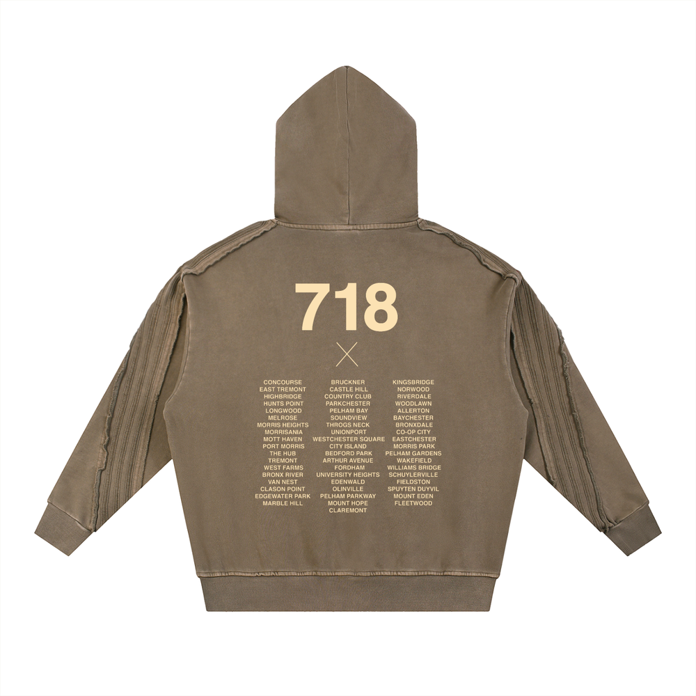 Bronx Native 718 Snow Washed Tape Raw Edge Hoodie