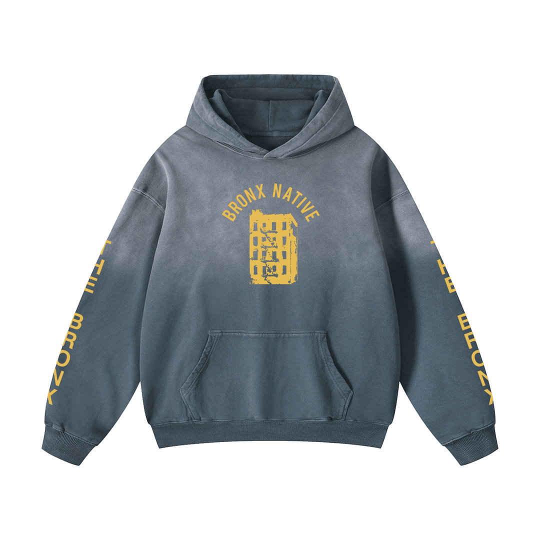 Gray hoodie with yellow text and graphics on a white background