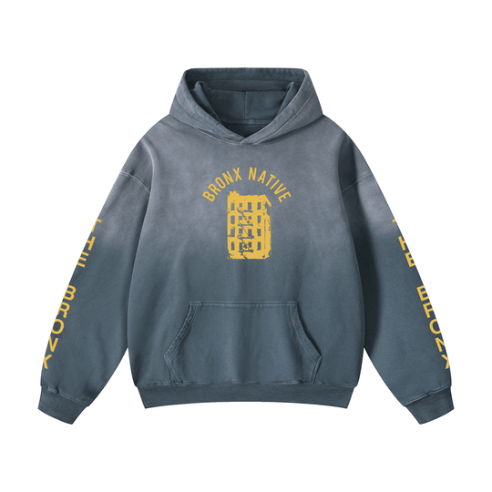 Gray hoodie with yellow text and graphics on a white background