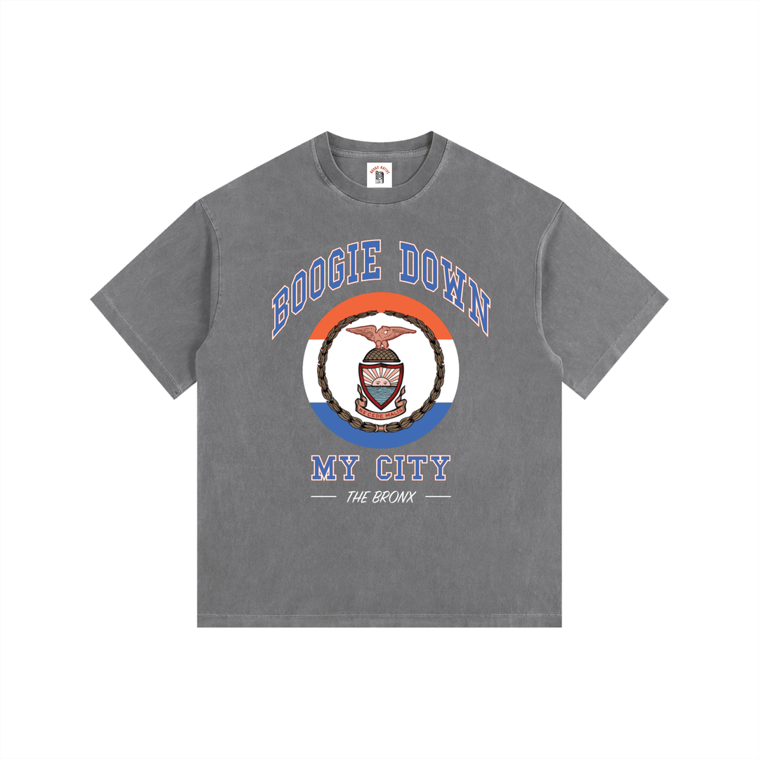 Boogie Down My City Vintage Washed Oversized Cotton T-Shirt by Bronx Native for New York summer