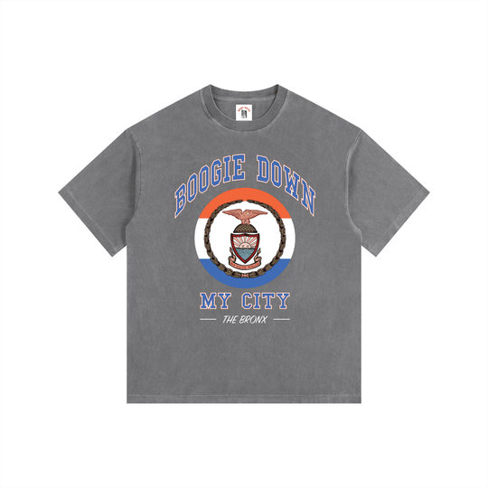 Boogie Down My City Vintage Washed Oversized Cotton T-Shirt by Bronx Native for New York summer