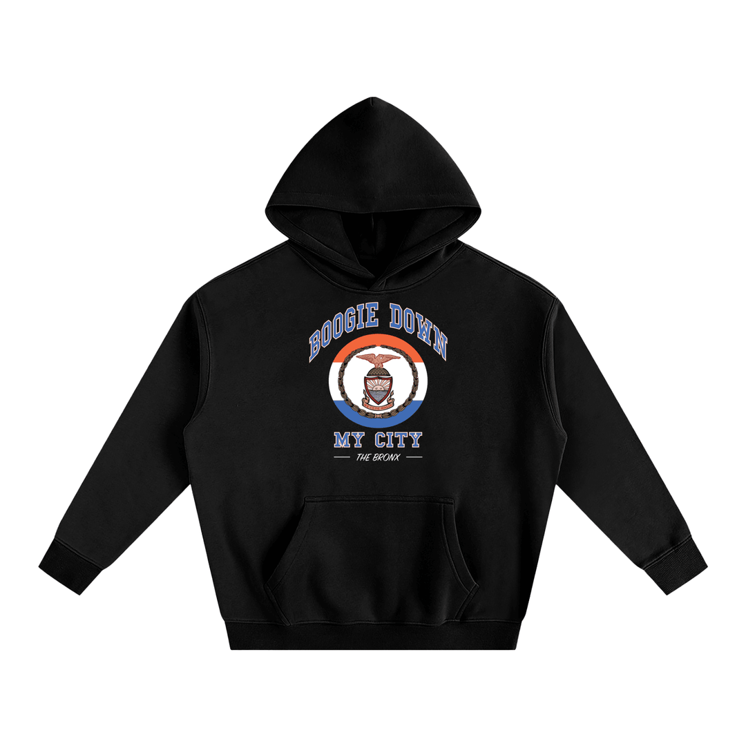 Boogie Down My City Classic Oversize Fleeced Hoodie by Bronx Native for New York summer