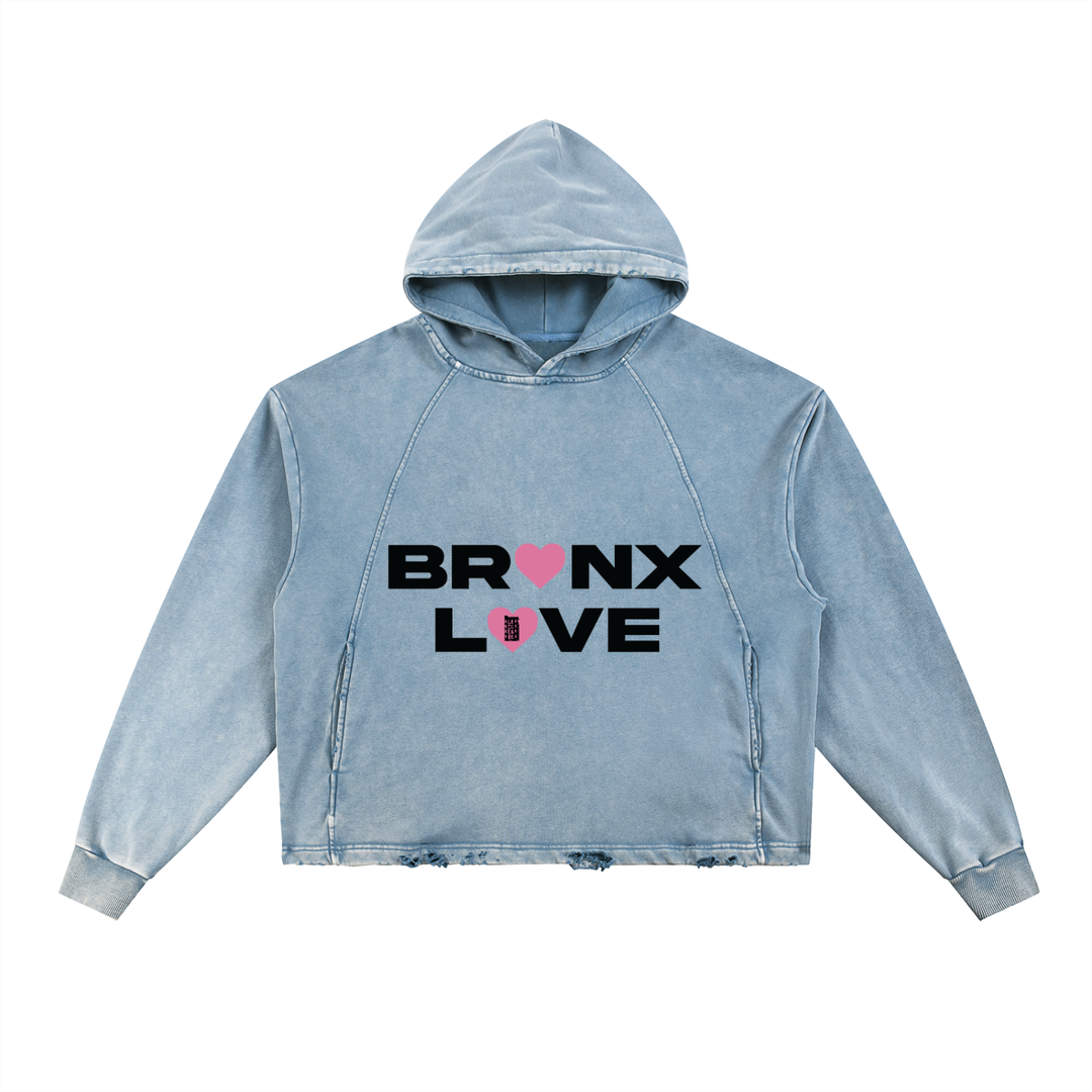 Light blue hoodie with 'Bronx Love' text on a white background
