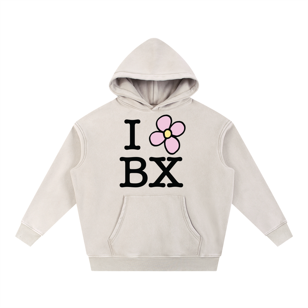 Beige hoodie with 'I ❤️ BX' text and a flower graphic on a white background