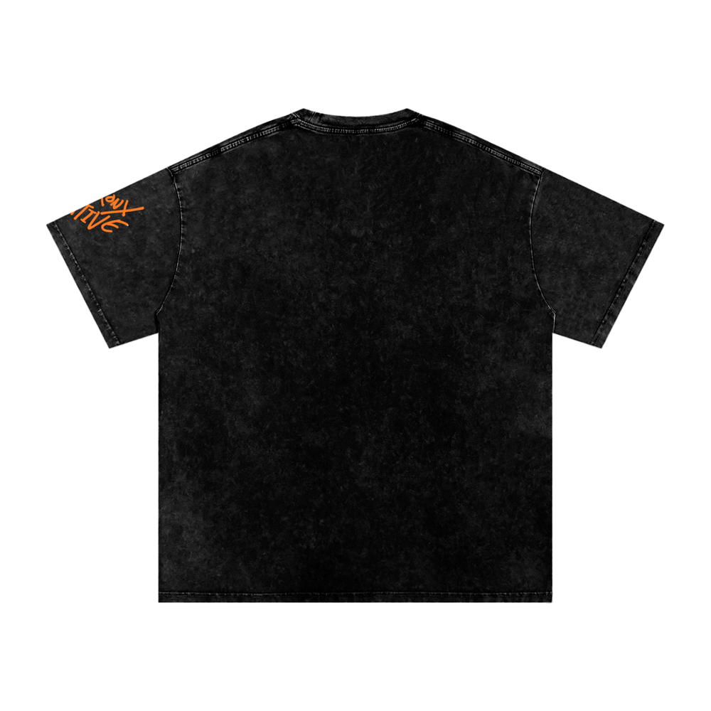 Black mineral wash t-shirt with orange graphic text on left sleeve