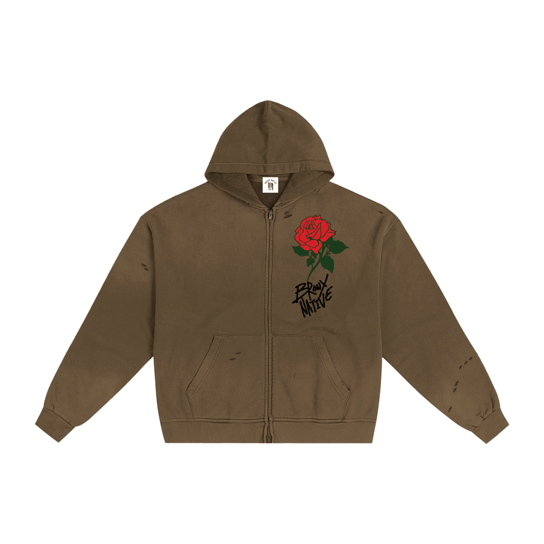 Bronx Rose Hand-Frayed Sunfade Zip Hoodie by Bronx Native for New York summer