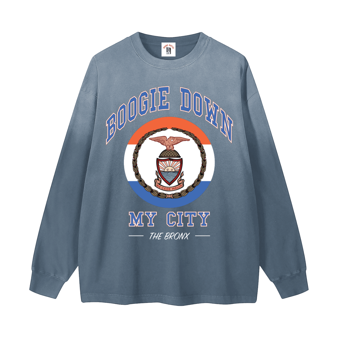 Boogie Down My City Gradient Washed Long Sleeve T-Shirt by Bronx Native for New York summer